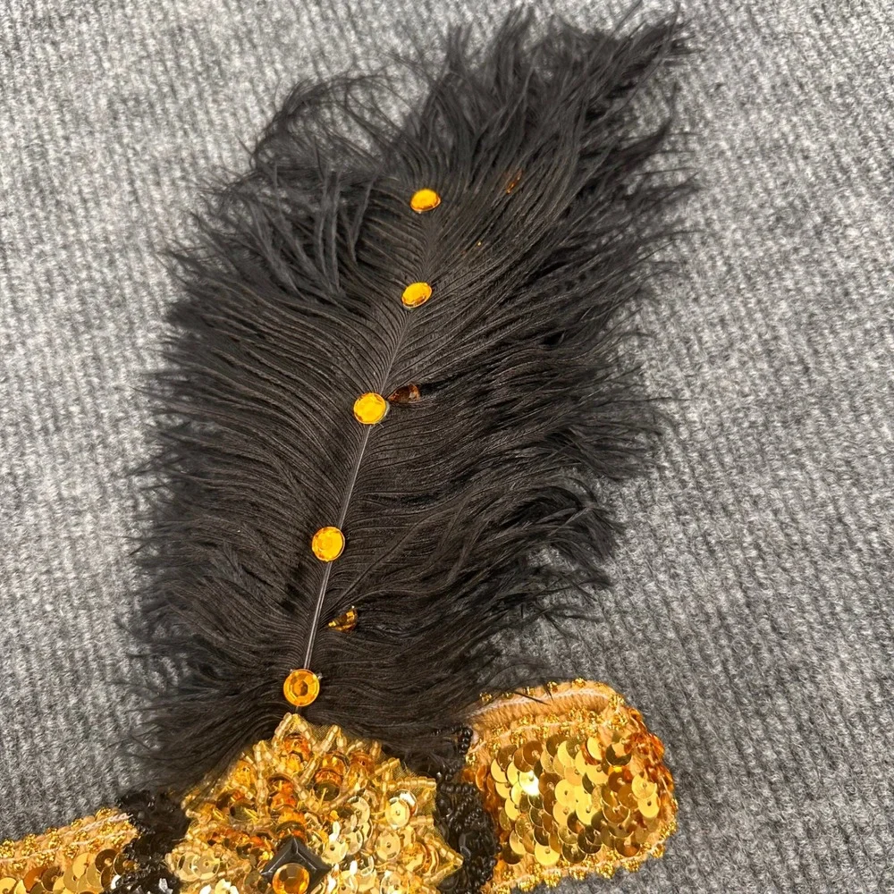 Flapper Headband Halloween Women One Size Sequin Feather Tassel Gold Black 1920s